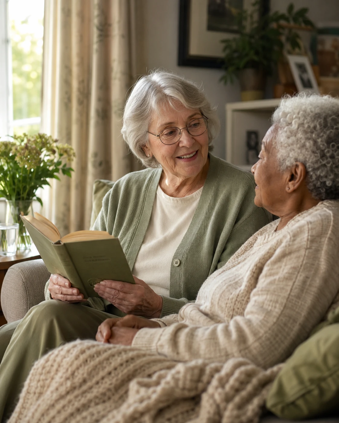 A volunteer reading aloud to an elderly hospice patient