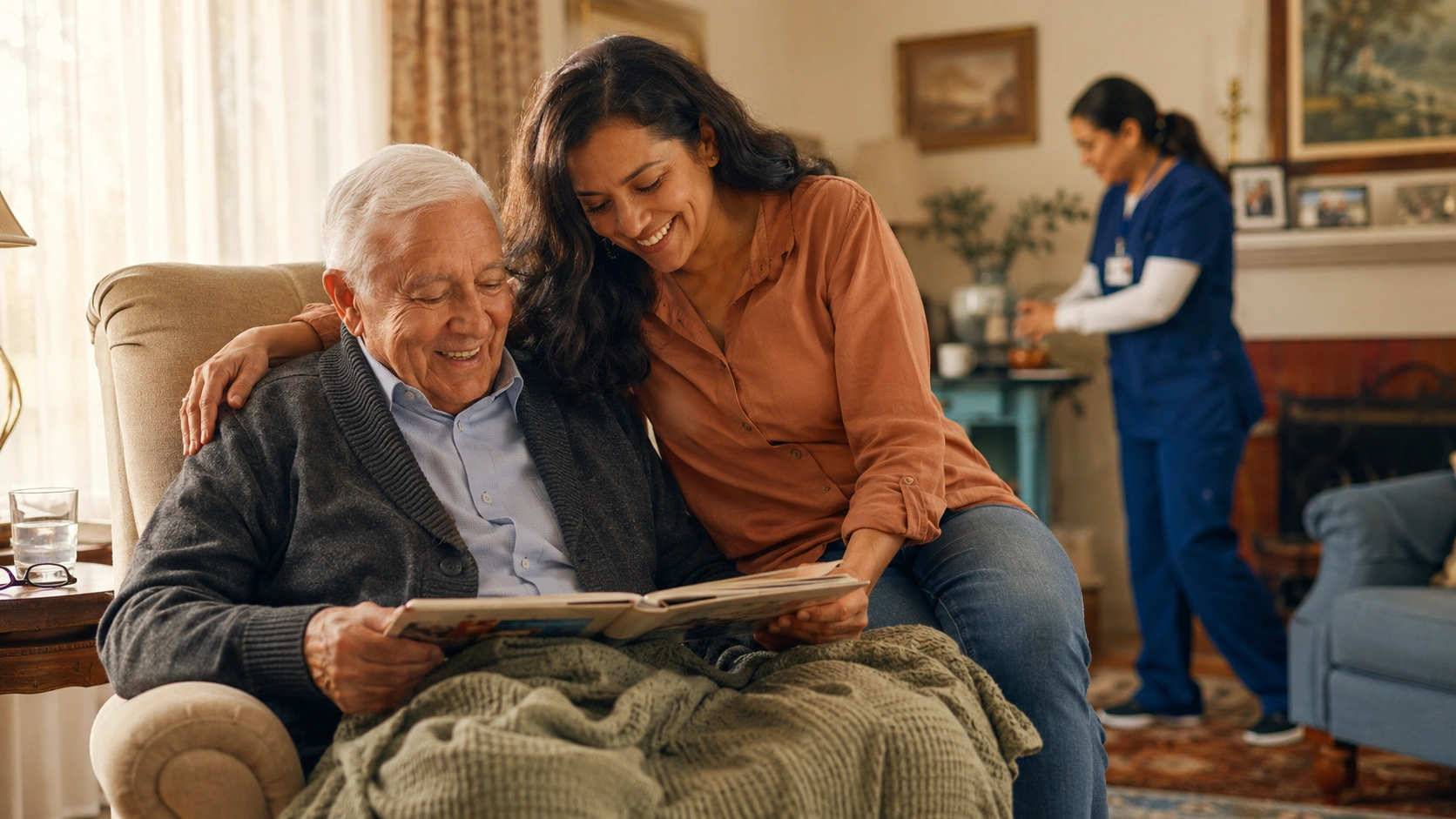 A caregiver gently holding the hand of an elderly patient