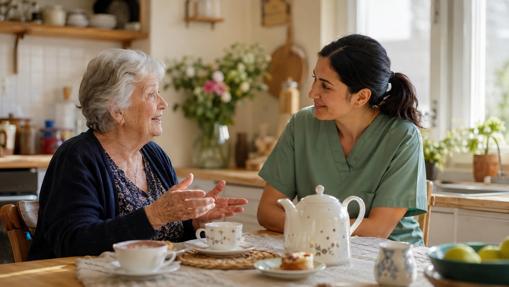 Home health aide and elderly woman sharing a warm conversation over tea in a sunlit kitchen